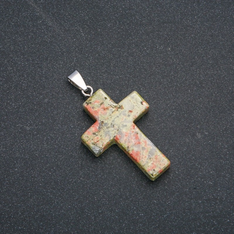 Cross Pendant, Heliotrope Unakite stone 50x28mm +