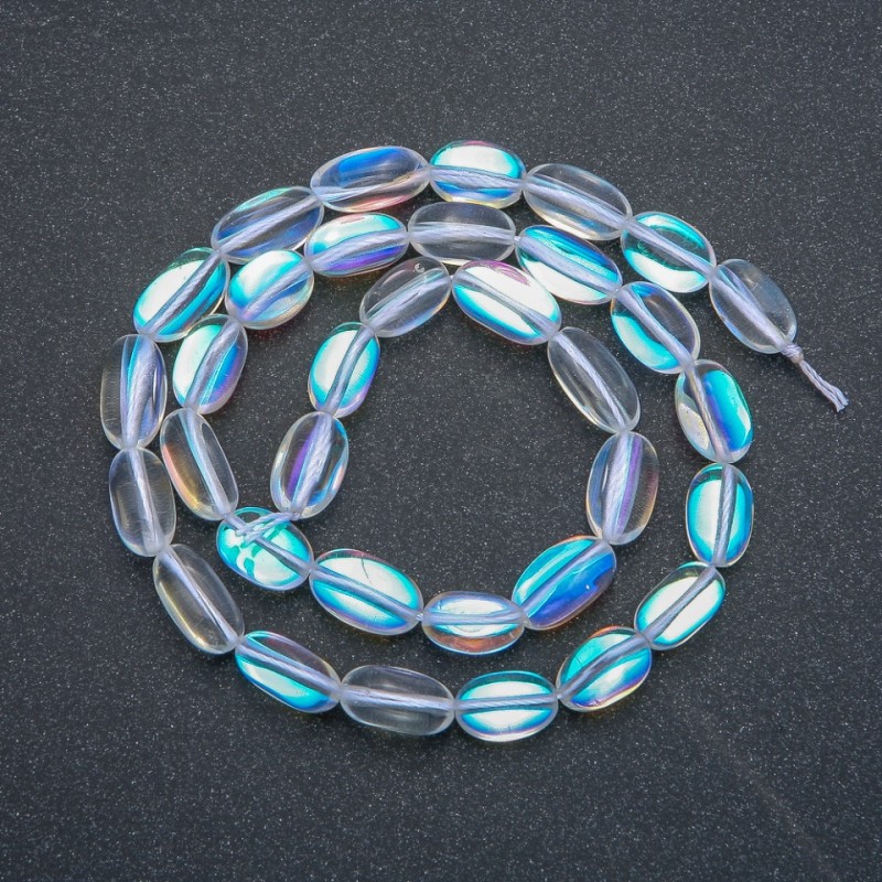 Beads on Thread Opal Glass White Chameleon Tumbled, diameter 12x8mm, length 40cm +