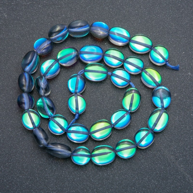 Opal Glass Beads on a String Blue Chameleon tumbled, diameter 10x7mm, length 40cm +