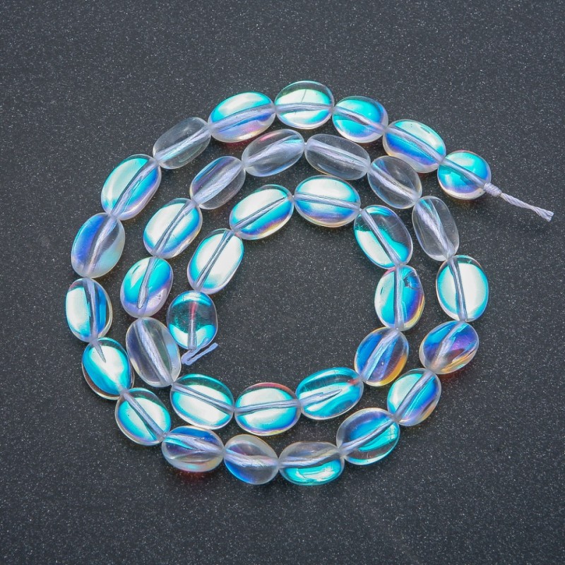 Beads on Thread Opal Glass White Chameleon Tumbled, diameter 10x7mm, length 40cm +