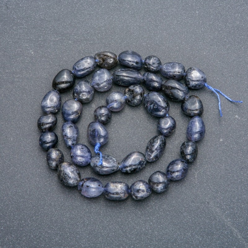 Beads on Thread Natural Stone Iolite Tumbled, diameter 8x10mm, length 40cm +