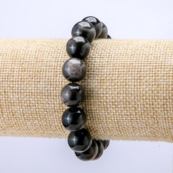 Bracelet made of natural Silver Obsidian smooth round beads, diameter 12mm, length 18cm +