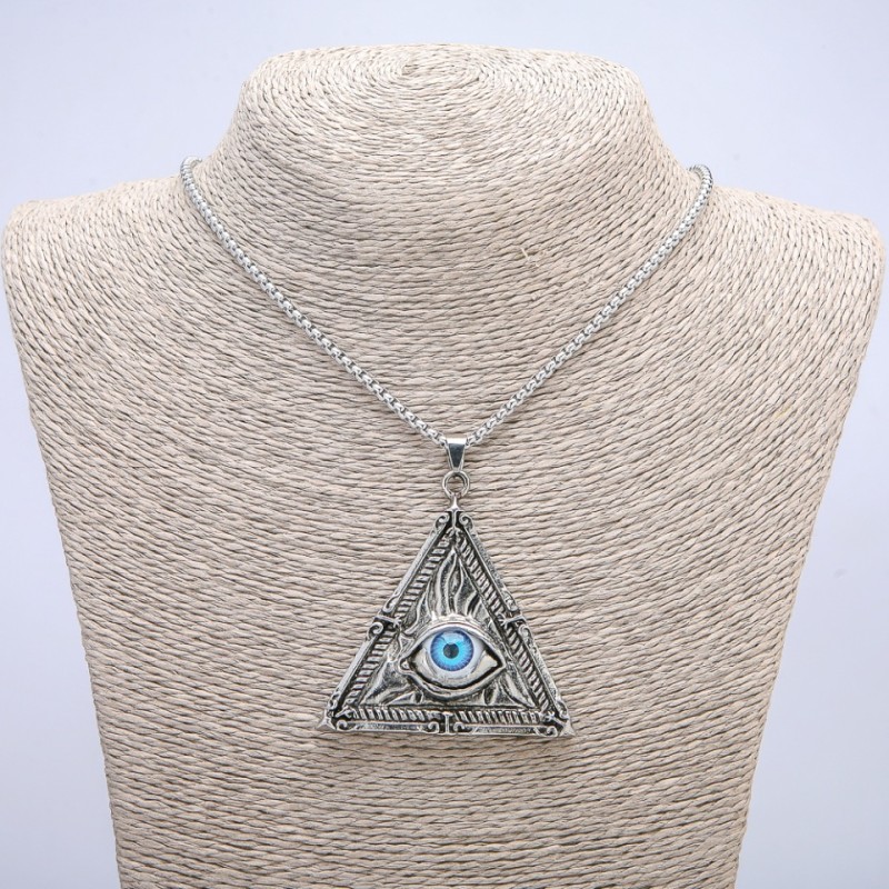 "Eye in Triangle" Pendant 65x55mm on Chain, Length 70cm Silver-Tone Metal