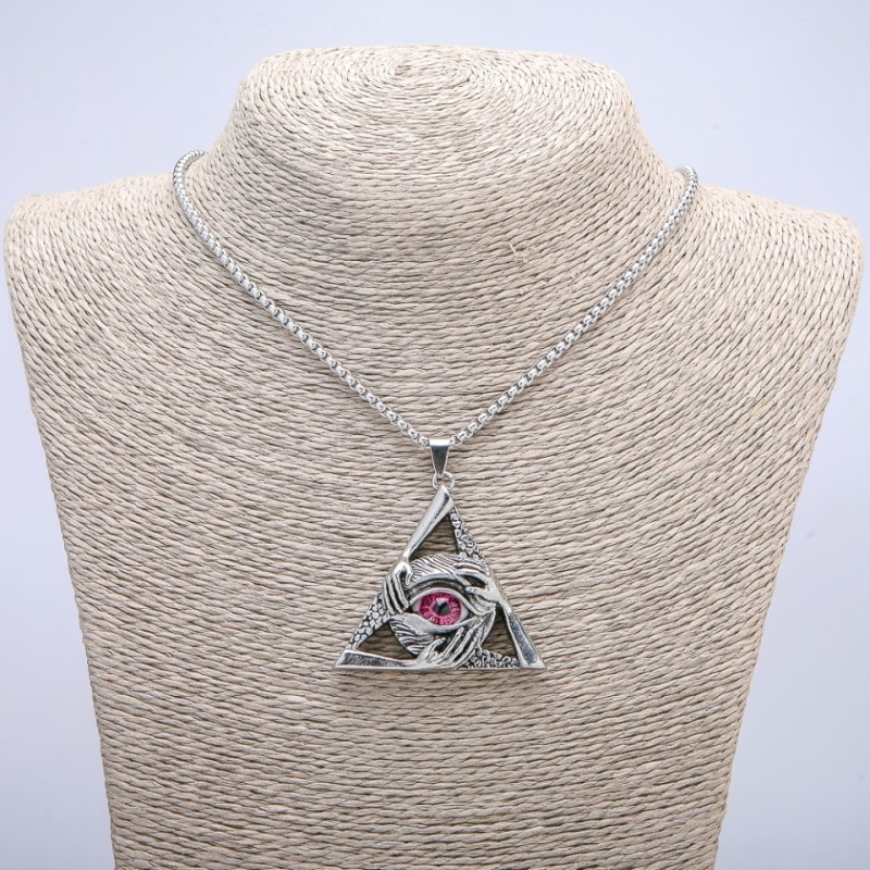 Pendant "Eye in Triangle" 50x45mm on chain, length 70cm silver-tone metal