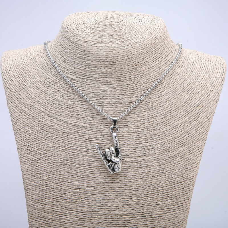 "Hand Gesture" Pendant 50x20mm on Chain, Length 70cm +/- Silver-Tone Metal