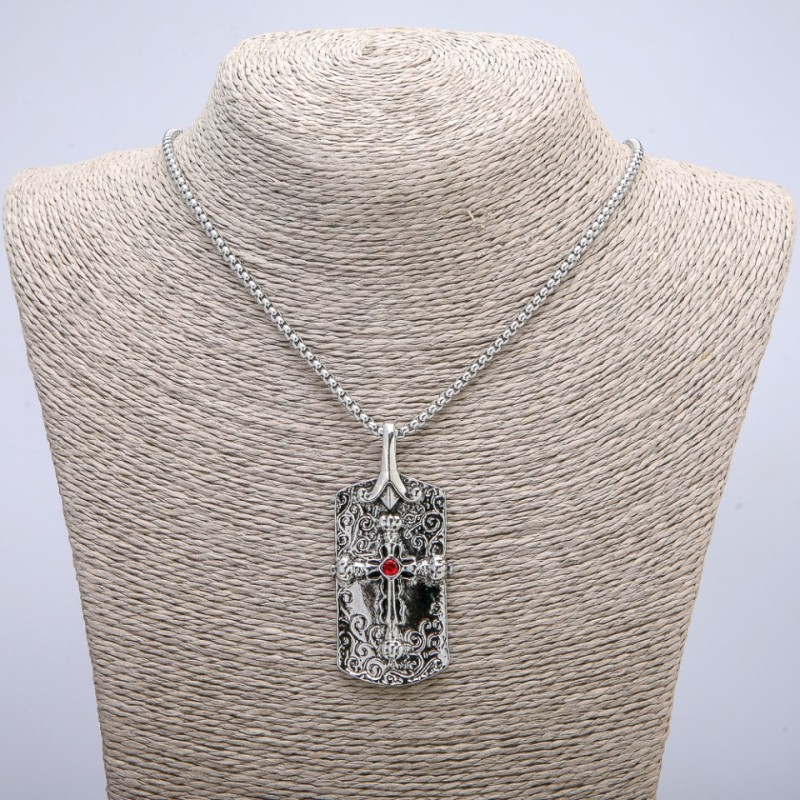 "Cross" Pendant 62x28mm on Chain, Length 70cm +/- Silver-Tone Metal