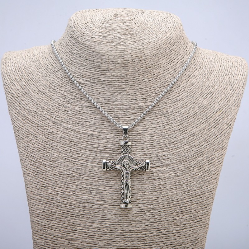 Pendant "Cross" 60x35mm on a Chain, Length 70cm, Silver-Tone Metal