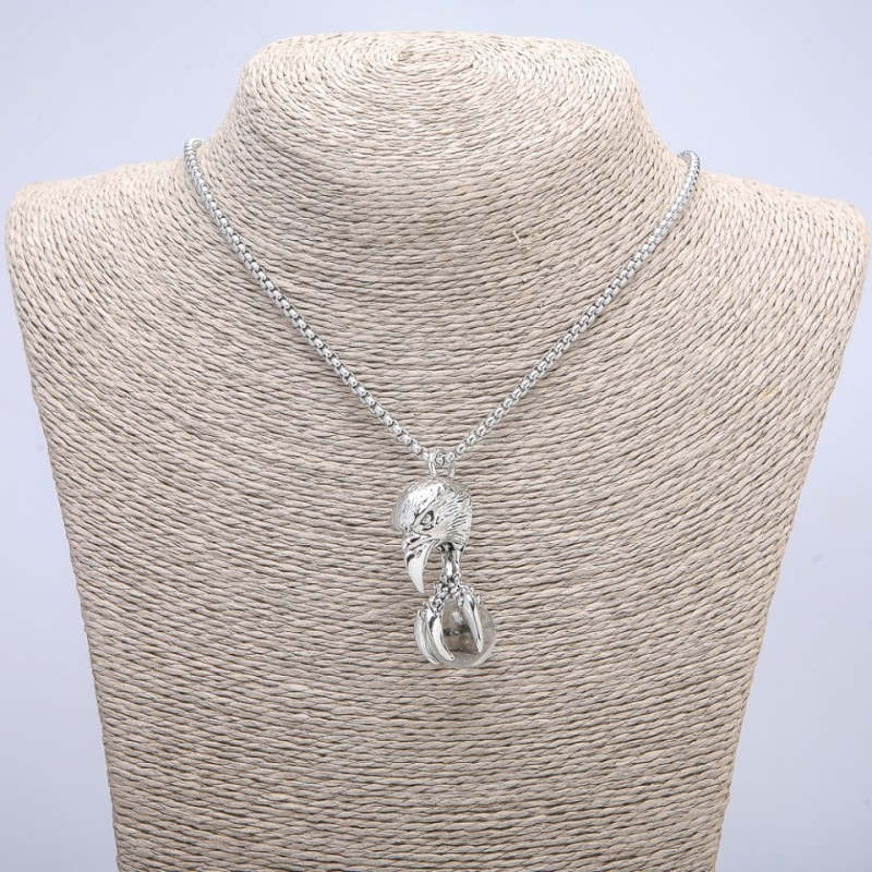 Pendant "Bird with a Sphere" 47x18mm on a Chain, Length 70cm, Silver-Tone Metal