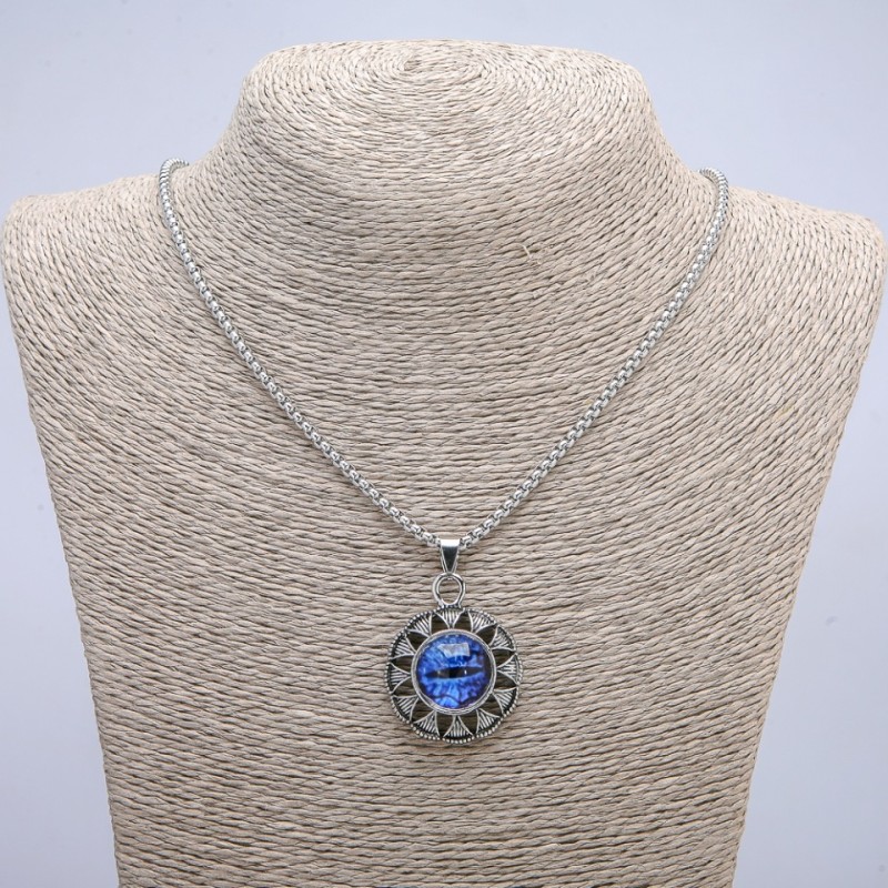 Pendant "Dragon's Eye" in a 42x30mm Setting on a Chain, Length 70cm, Silver-Tone Metal