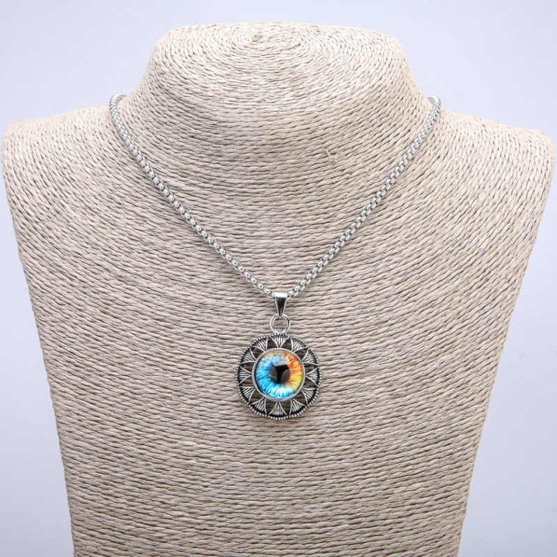 Pendant "Eye" in a 42x30mm Setting on a Chain, Length 70cm, Silver-Tone Metal