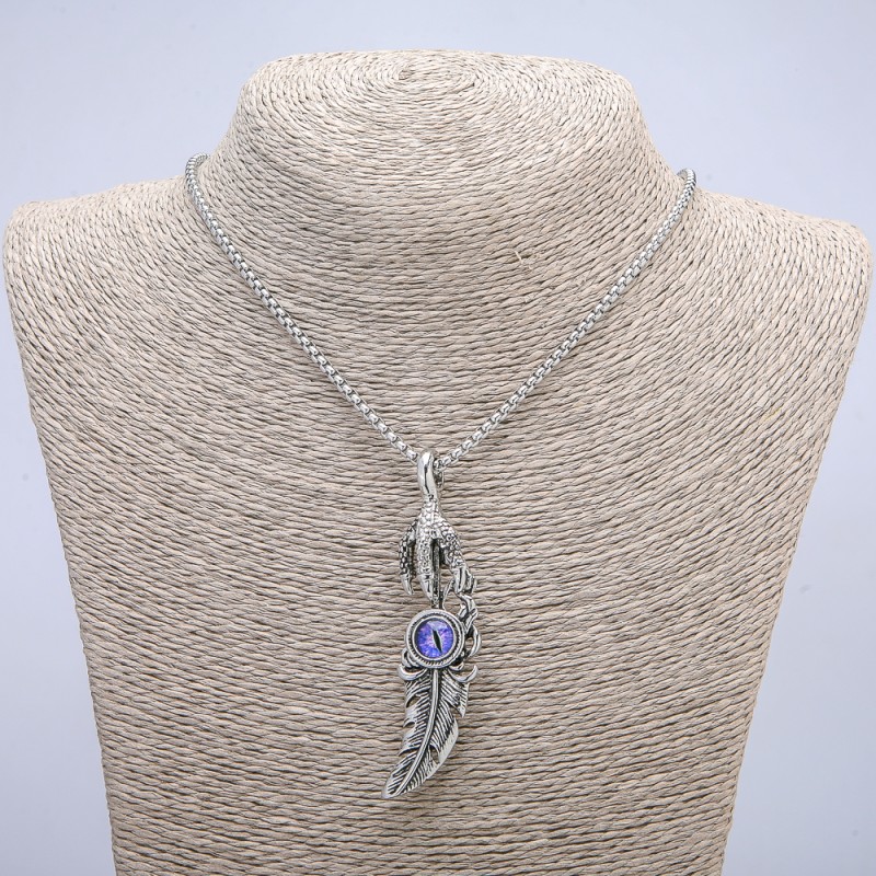 Pendant "Paw with Feather Dragon Eye" 70x20mm on chain, length 70cm silver-tone metal