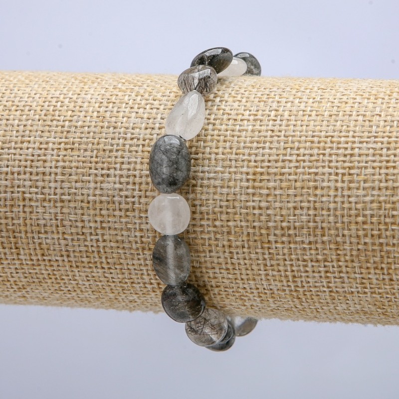 Elastic Bracelet Natural Stone Rutilated Quartz Tumbled, diameter 8x9mm, length 18cm +