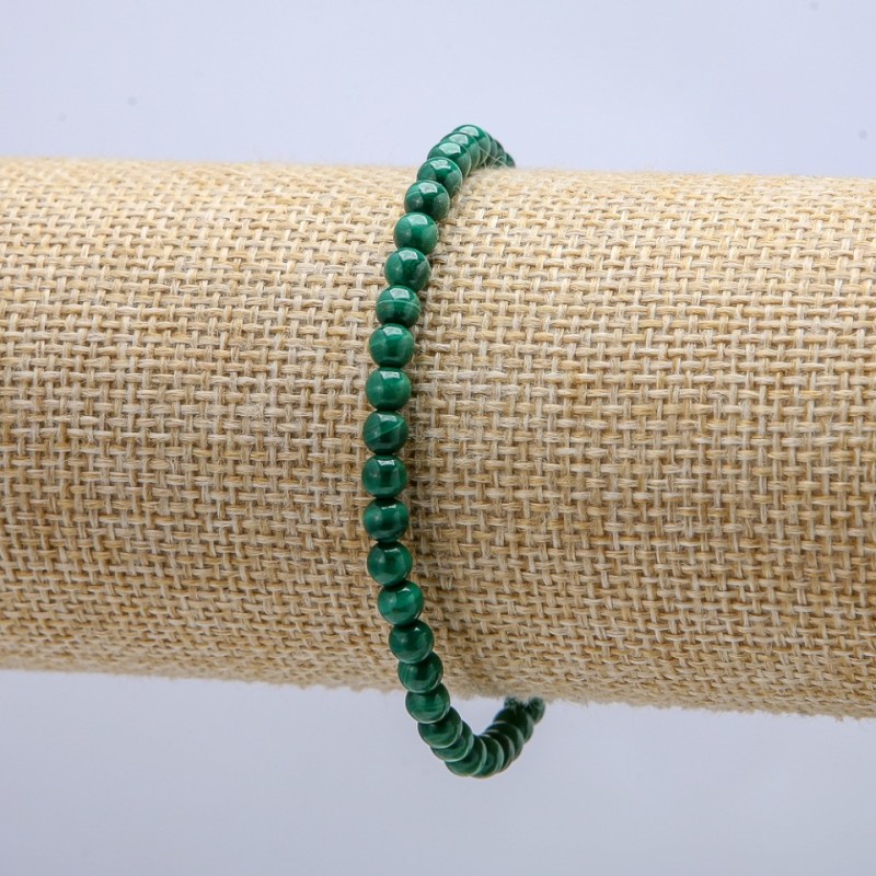 Malachite Natural Stone Bracelet on Elastic, Smooth Ball 4mm, Length 18cm+