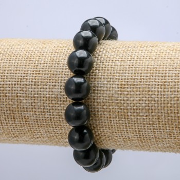 Natural Shungite Bracelet on Elastic, Smooth Round Beads, 12mm Diameter, 18cm Length +