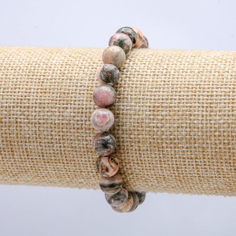 Natural Rhodochrosite Bracelet on Elastic, Smooth Round Beads, 8mm Diameter, 18cm Length +