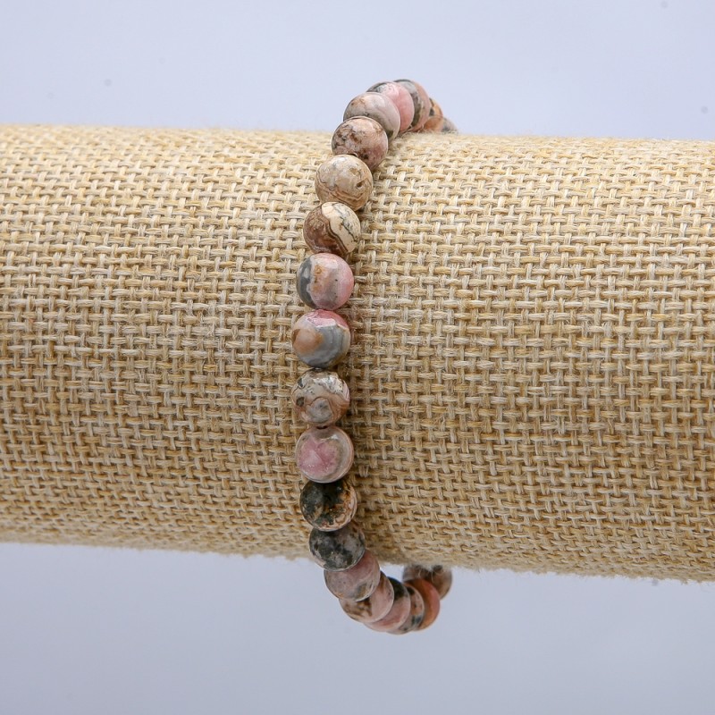 Bracelet on Elastic Band with Natural Rhodochrosite Stone, Smooth Round Beads, Diameter 6mm, Length 18cm +