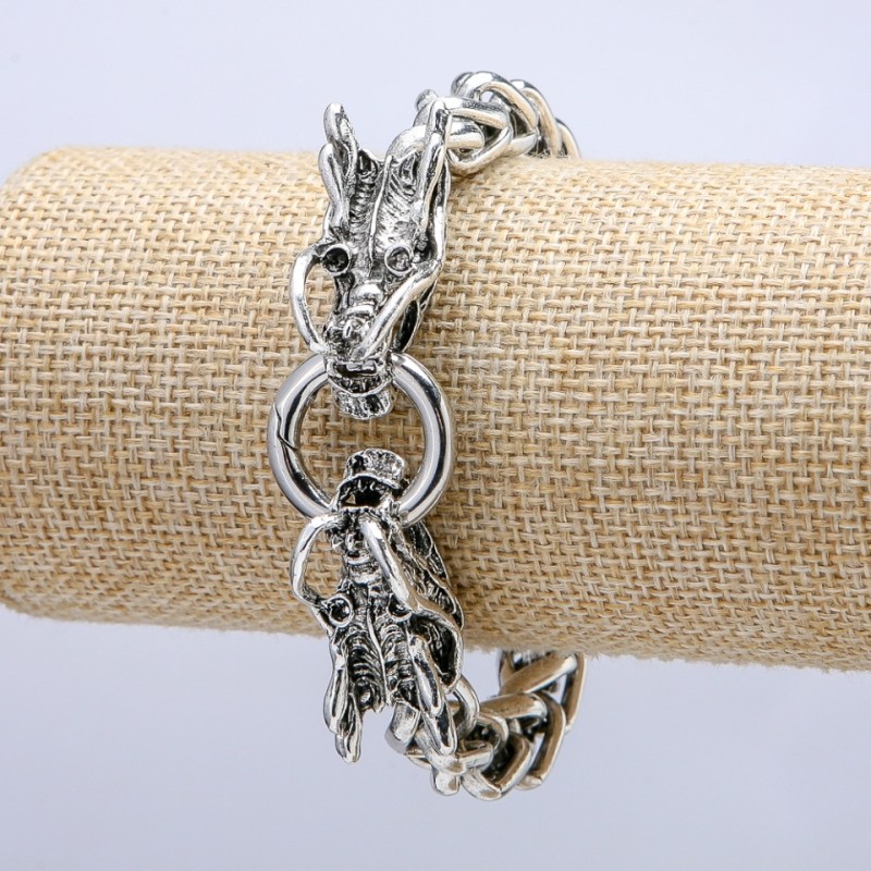 Dragon Head Chain Bracelet, Silver-Tone Metal 12x27mm, Thickness 10mm, Length 20cm +