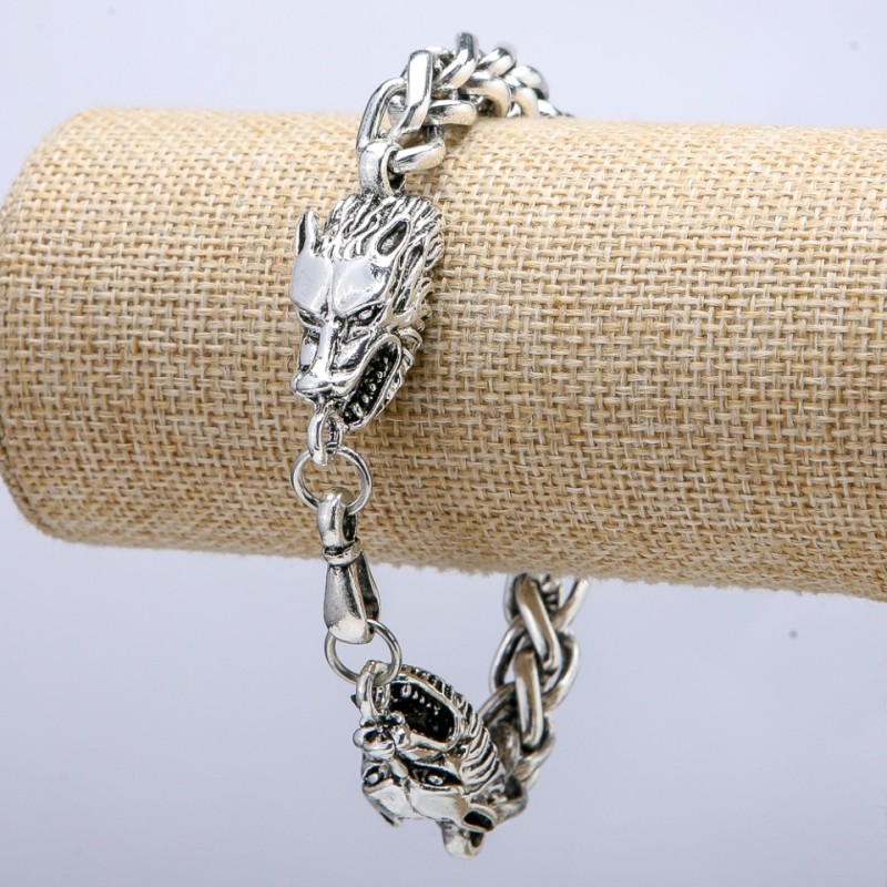 Wolf Head Chain Bracelet, Silver-Tone Metal 15x37mm, Thickness 8mm, Length 20cm +