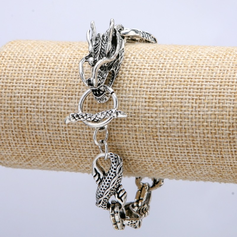 Dragon Head Bracelet, Silver-Tone Metal 12x28mm, Thickness 8mm, Length 20cm +