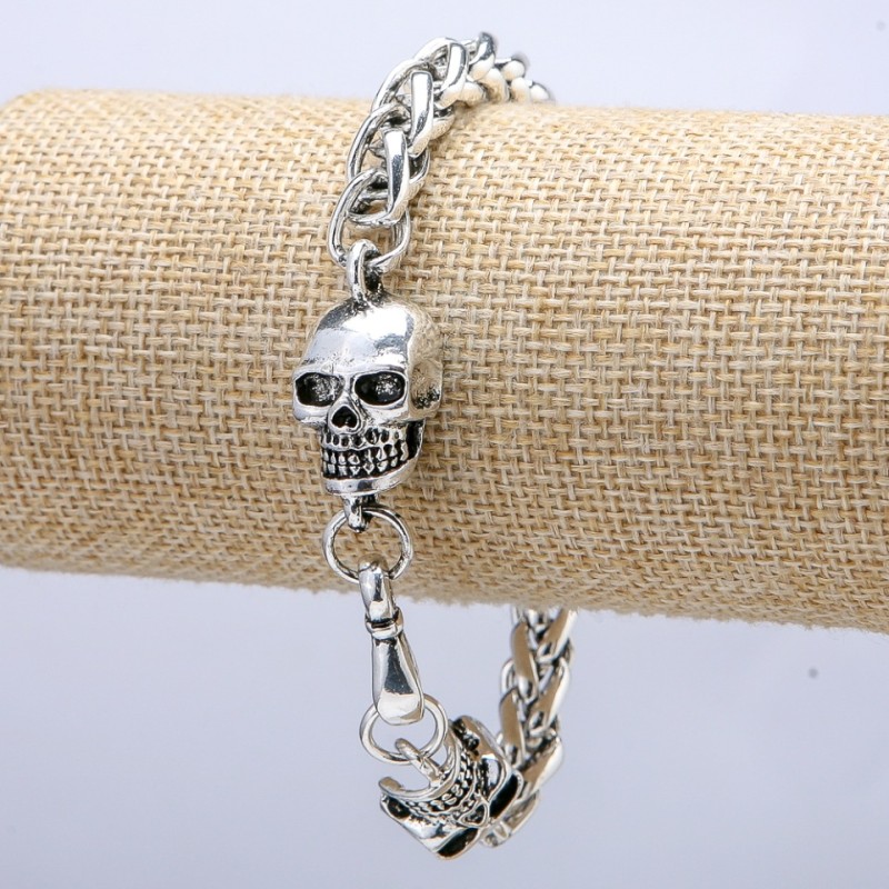 Skull Chain Bracelet, Silver-Tone Metal 14x30mm, Thickness 8mm, Length 20cm +