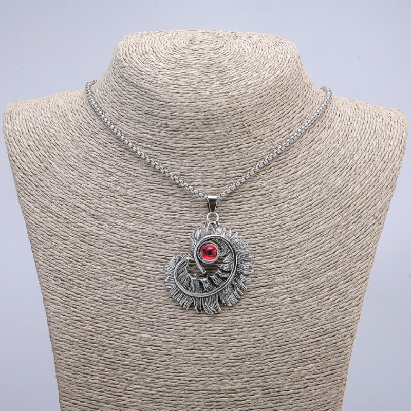 Pendant "Feather with Dragon's Eye" 50x40mm on chain, length 70cm +/- silver-tone metal