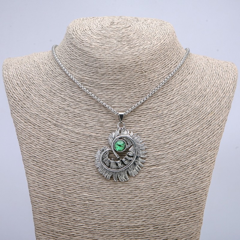 Pendant "Feather with Dragon Eye" 50x40mm on a chain, length 70cm +/- silver-tone metal