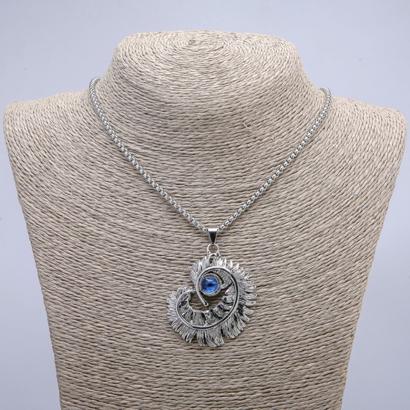 Pendant "Feather with Dragon's Eye" 50x40mm on chain, length 70cm +/- silver-tone metal