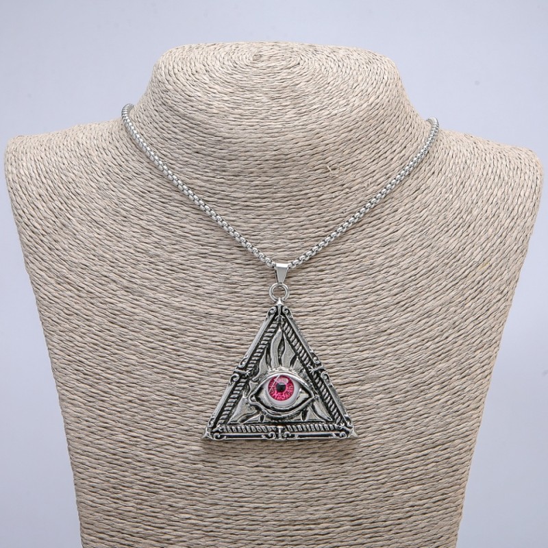 Pendant "Triangle with Eye" 62x54mm on a chain, length 70cm +/- silver-tone metal