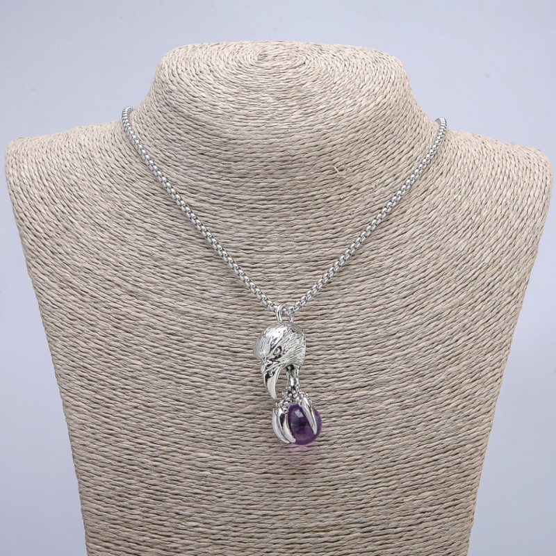 Pendant "Bird with Orb" 47x18mm on a chain, length 70cm +/- silver-tone metal