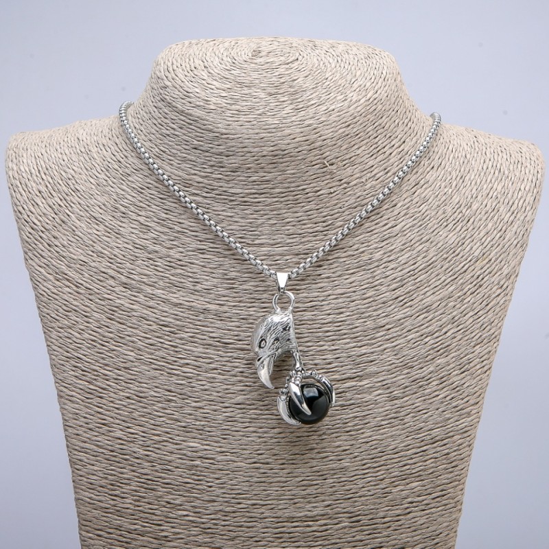 Pendant "Bird with Sphere" 47x18mm on chain, length 70cm +/- silver-tone metal
