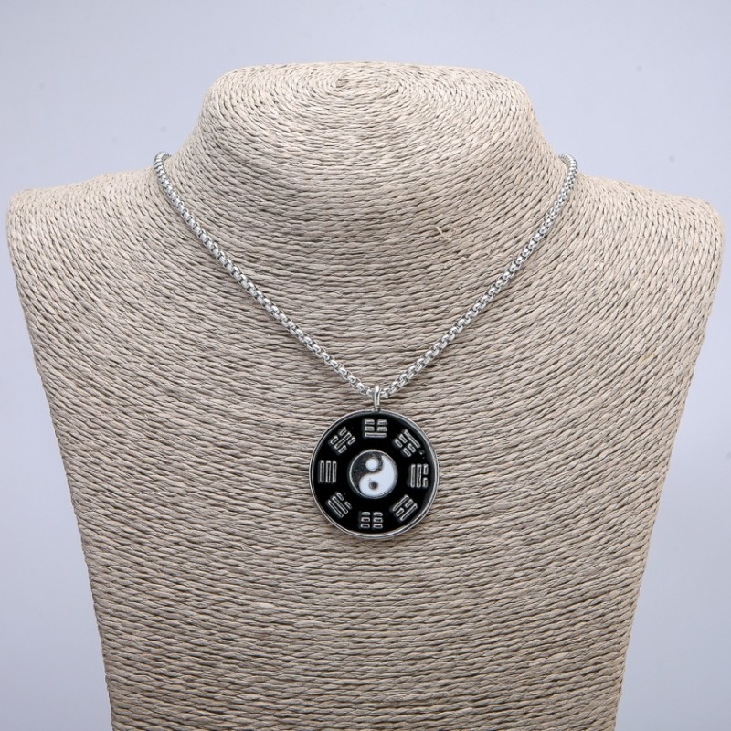 Pendant "Yin-Yang" 41x34mm on Chain, 70cm Length +/- Silver-Tone Metal