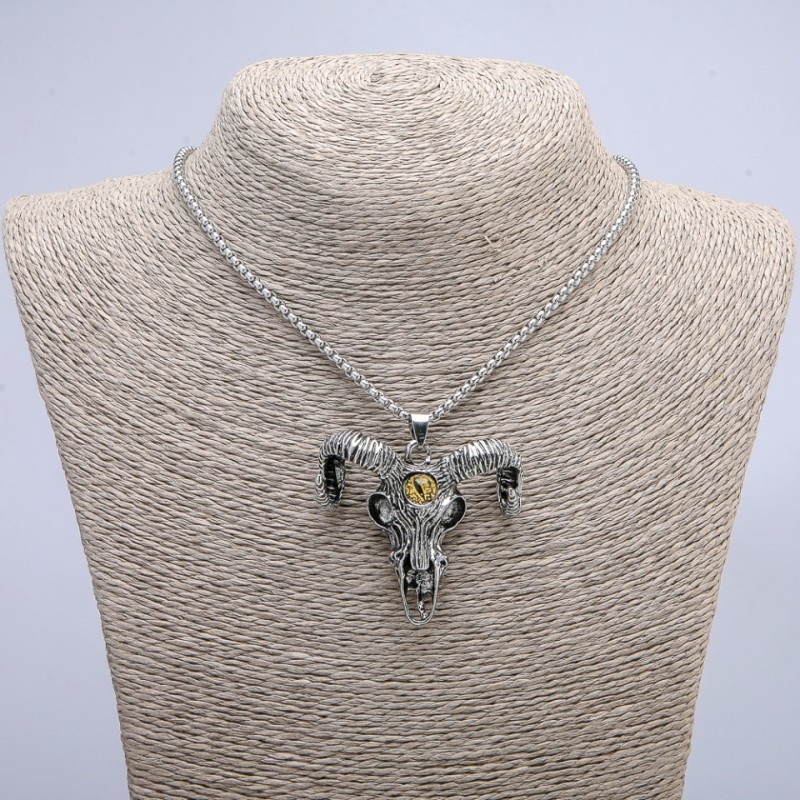 Pendant "Goat Skull with Dragon Eye" 45x45mm on Chain, 70cm Length +/- Silver-Tone Metal