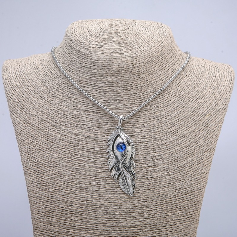 Pendant "Feather with Dragon Eye" 65x23mm on Chain, 70cm Length +/- Silver-Tone Metal