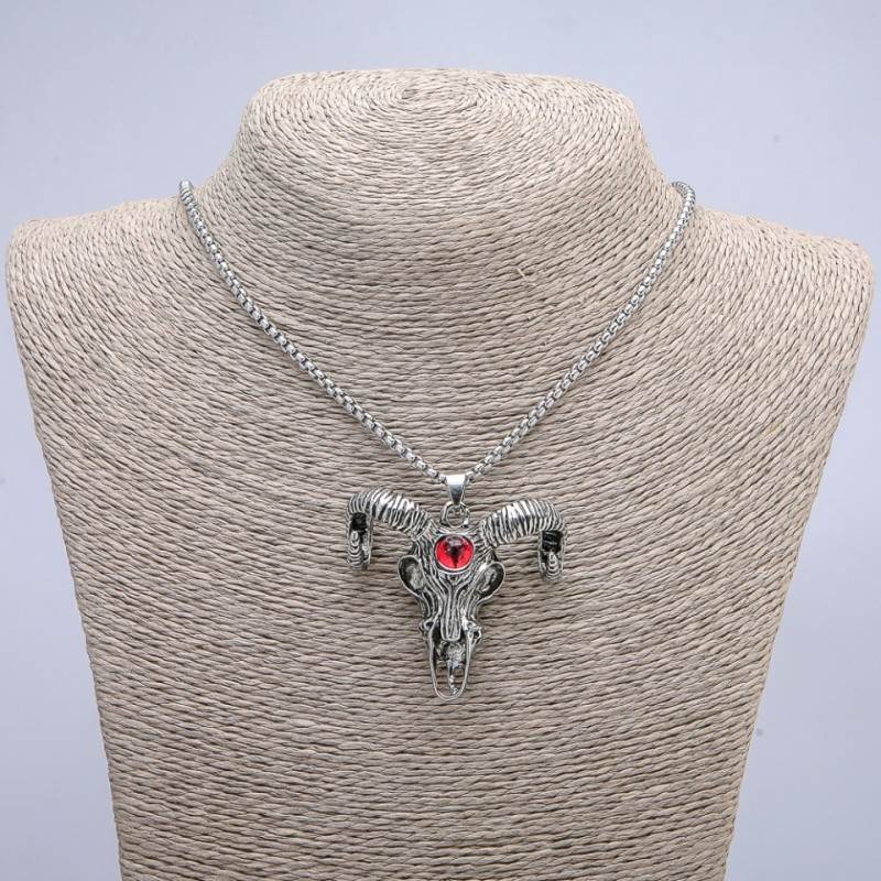 Pendant "Goat Skull with Dragon Eye" 45x45mm on a chain, length 70cm +/- silver-tone metal