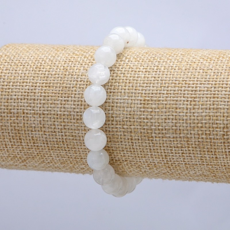 Elastic Bracelet with Natural Adularia Smooth Round Beads, 8mm Diameter, 18cm Length +