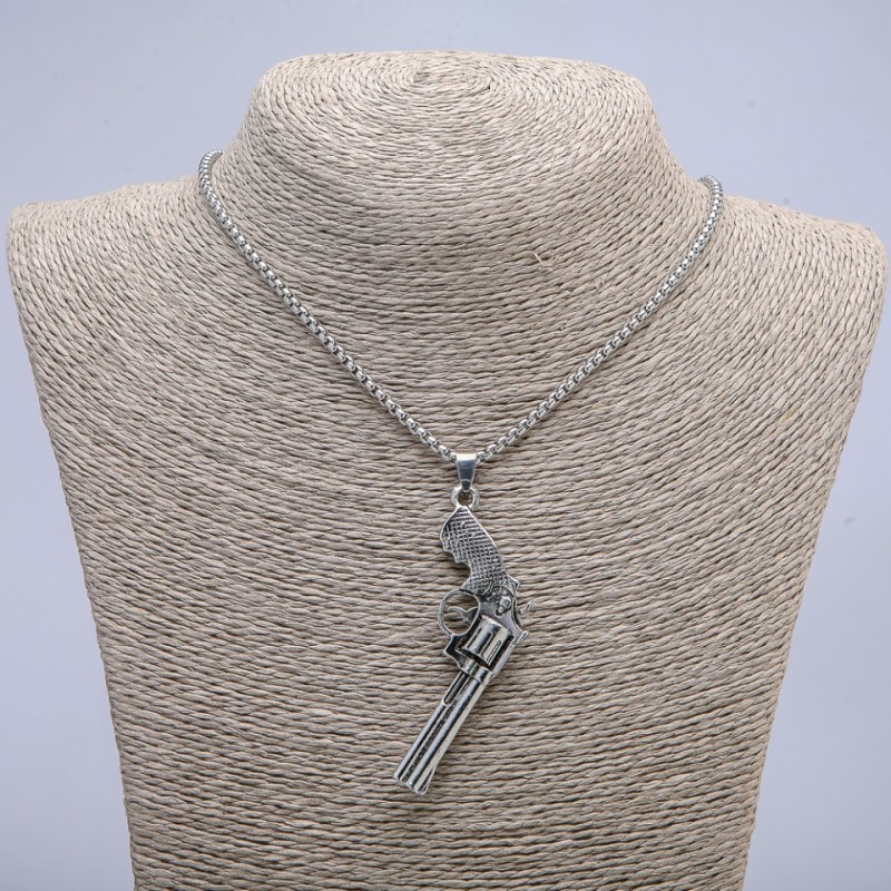 Pendant "Revolver" 65x25mm on Chain, Length 70cm +/- Silver-Tone Metal
