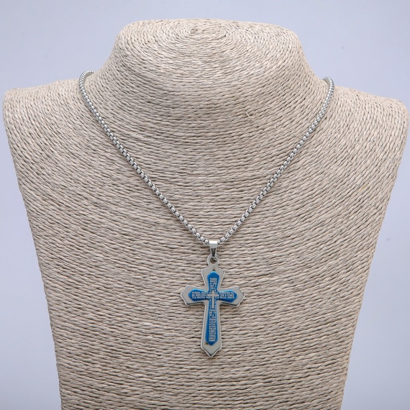 Pendant "Cross" 55x30mm on Chain, Length 70cm +/- Silver-Tone Metal