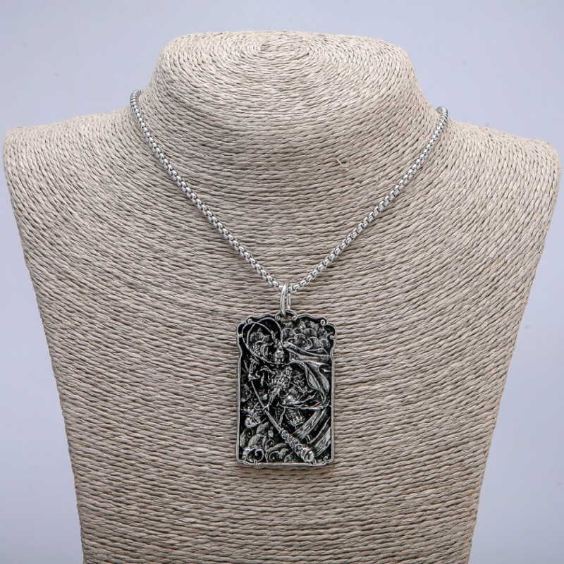 Pendant "Samurai" 62x35mm on Chain, Length 70cm +/- Silver-Tone Metal
