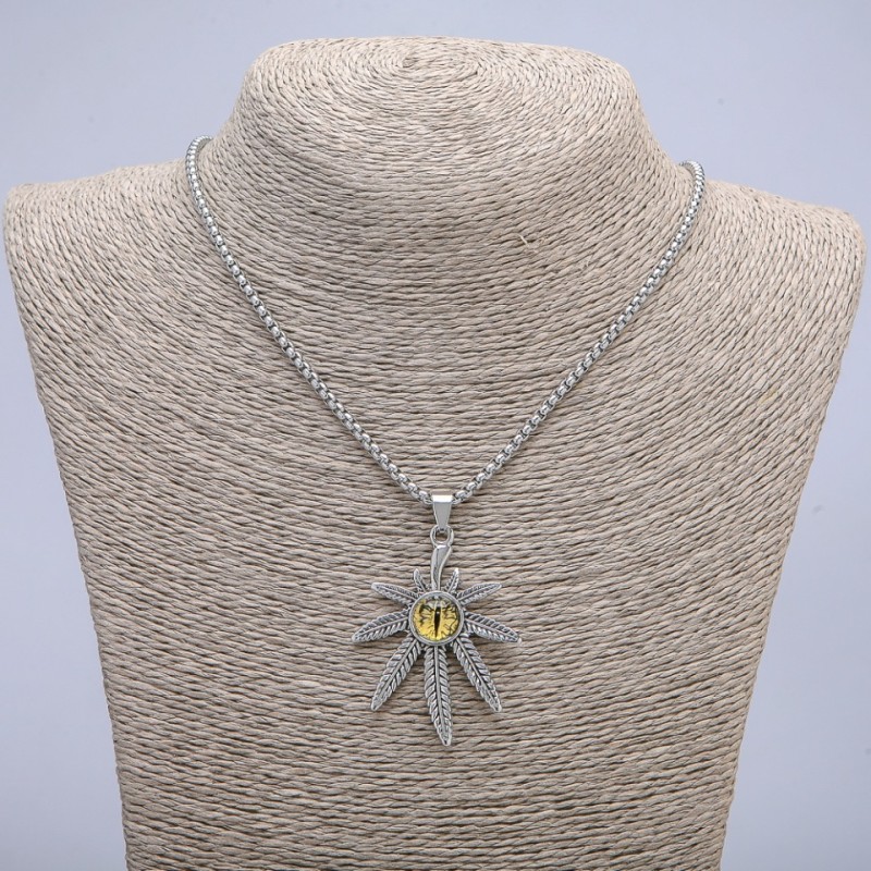 Pendant "Hemp Leaf with Dragon Eye" 38x55mm on Chain, Length 65cm, Silver-Tone Metal Colour