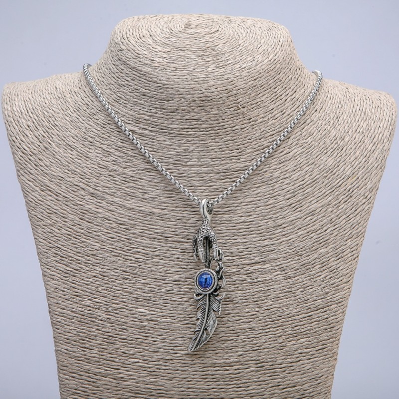 Pendant "Paw with Feather, Dragon Eye" 70x20mm on Chain, Length 70cm, Silver-Tone Metal