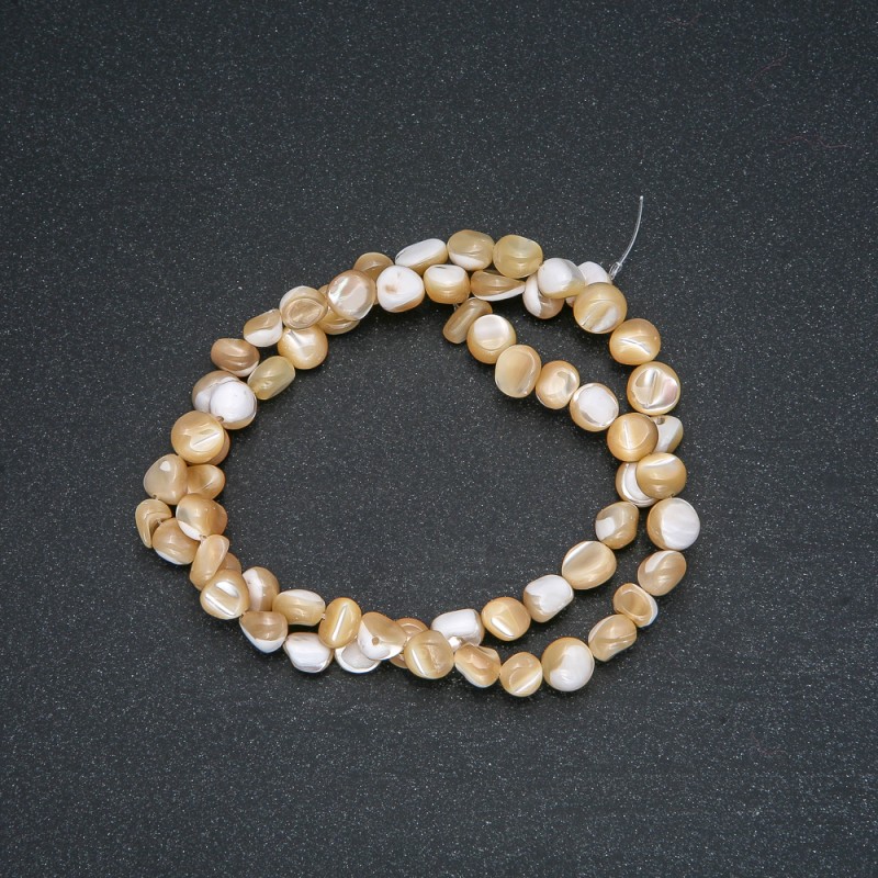 Natural Mother-of-Pearl Beads on Thread, Beige Round Tumbled, 7x5mm, 39cm Strand +