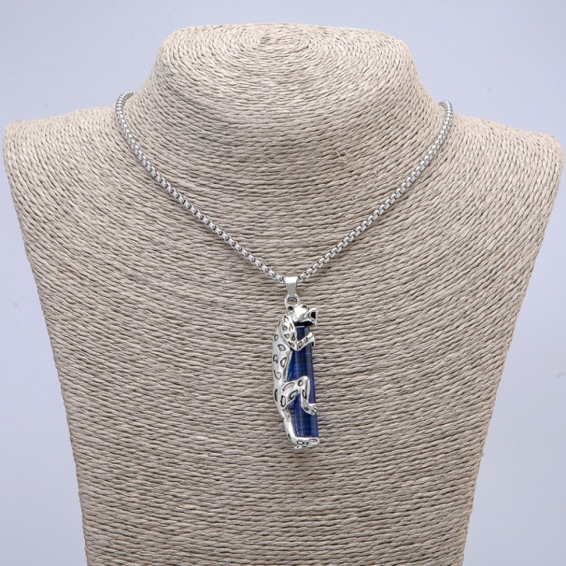 Pendant Leopard with Blue Crystal 50x10mm on a chain, length 65cm metal colour silver