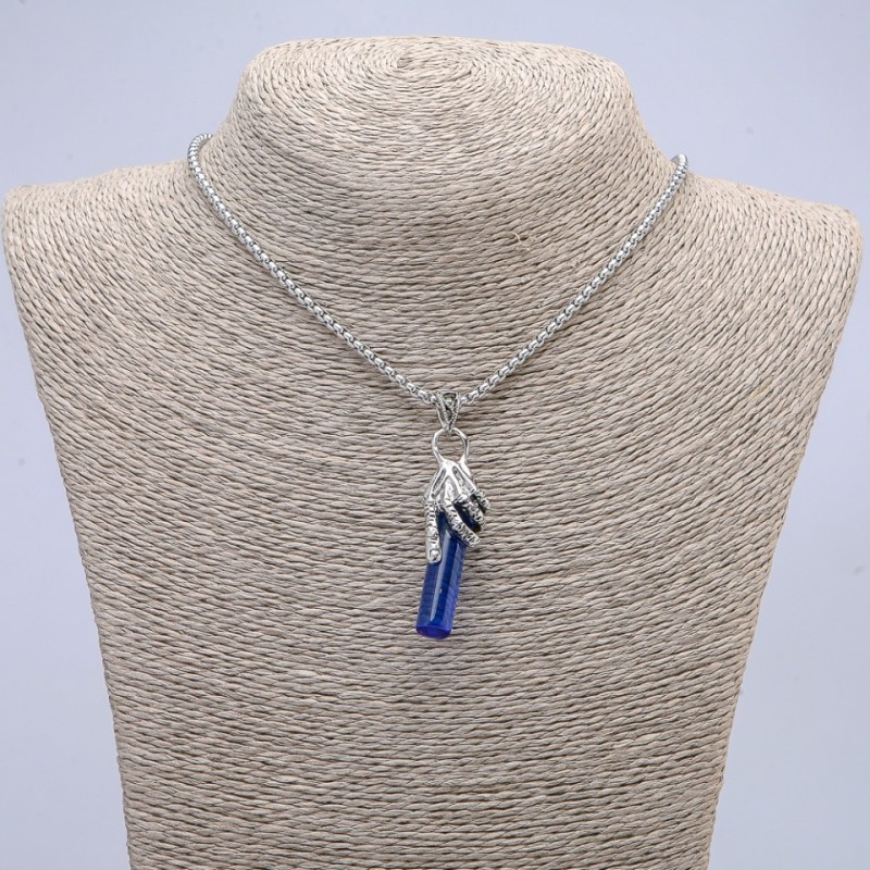Pendant Hand with Blue Crystal 50x10mm on a chain, 65cm length, silver-tone metal