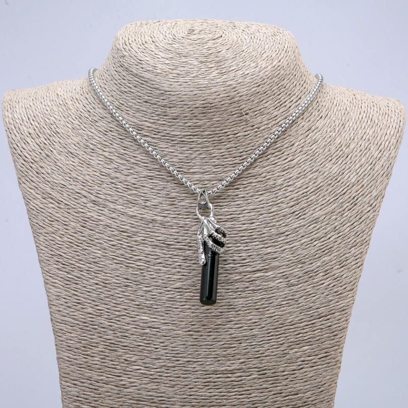 Pendant Hand with Black Crystal 50x10mm on a chain, 65cm length, silver-tone metal