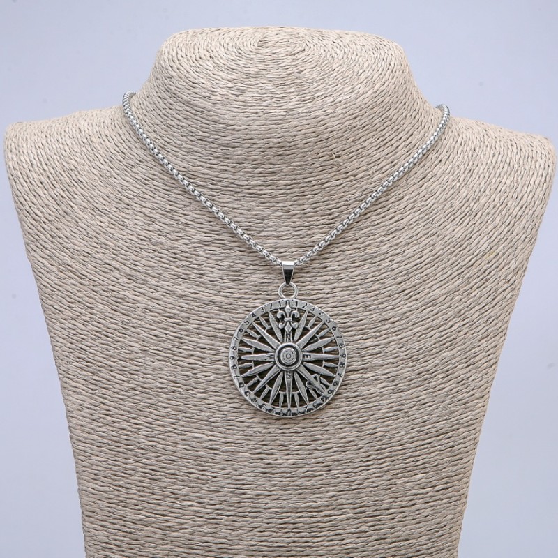 Pendant "Compass" 50x37mm on a chain, 65cm length, silver-coloured metal