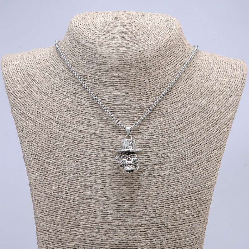 Pendant "Skull in a Hat" 40x16mm on a chain, 65cm length, silver-coloured metal