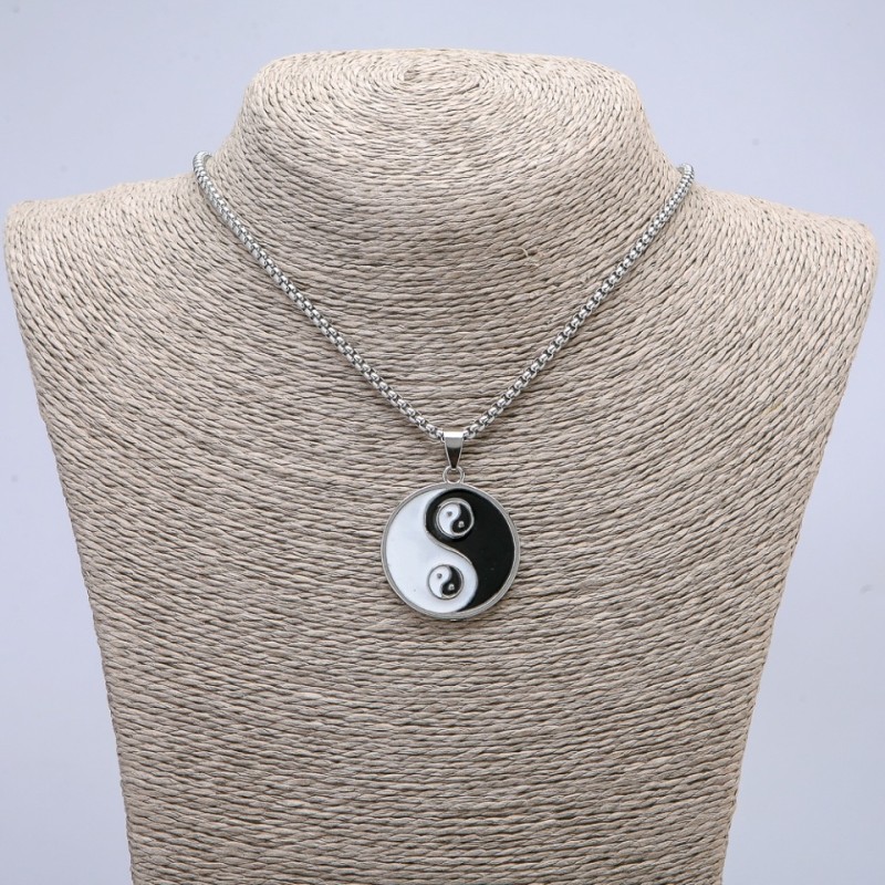 Yin Yang Pendant 37x25mm on a chain, 65cm length, silver-coloured metal