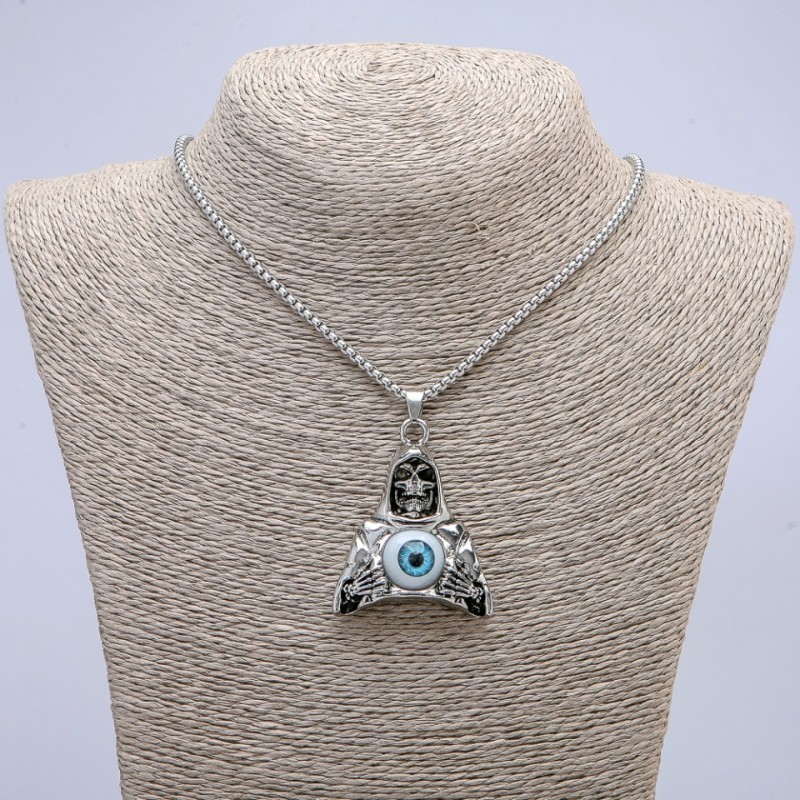 Pendant "Death with an Eye" 50x33mm on a chain, 70cm length +/-, silver-toned metal