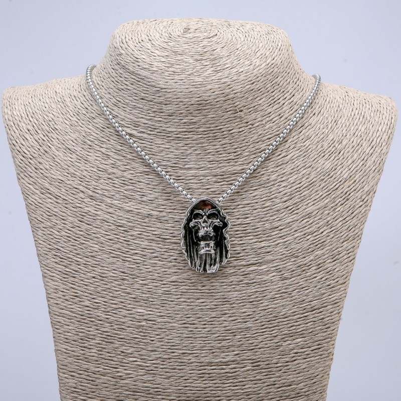 Pendant Skull 32x18mm on a chain, 65cm length, silver-tone metal