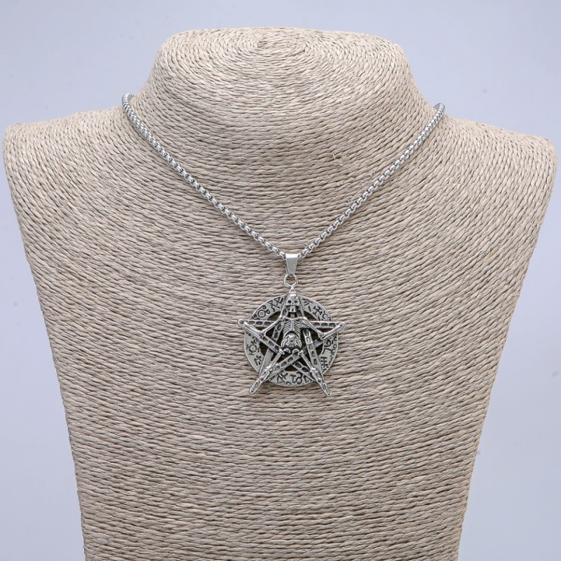 Pendant "Pentagram with Skeleton" 47x33mm on a chain, 65cm length, silver-tone metal